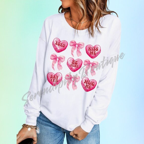 Serendipity Boutique Tops - Candy Hearts & Pretty Bows White & Pastels Cotton Sweatshirt
